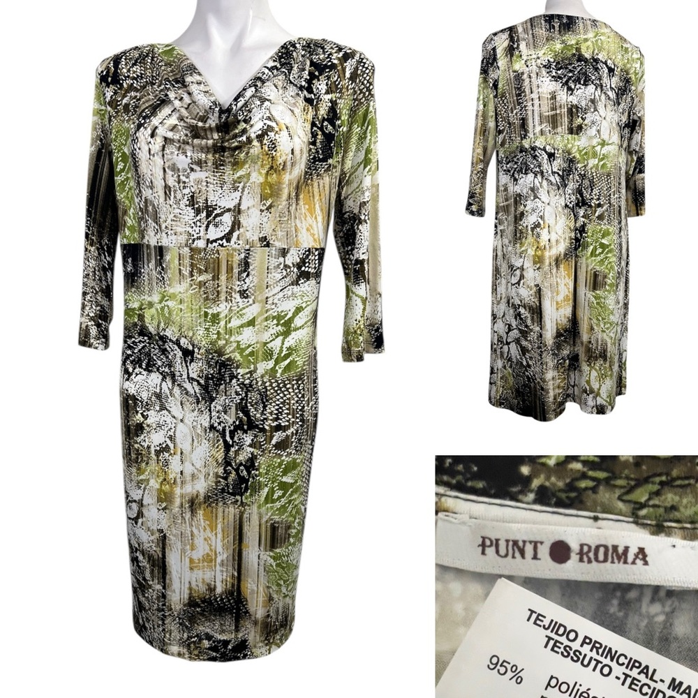 Punt Roma dress sz Med cowl‎ neck knee length shift long sleeve green multicolor